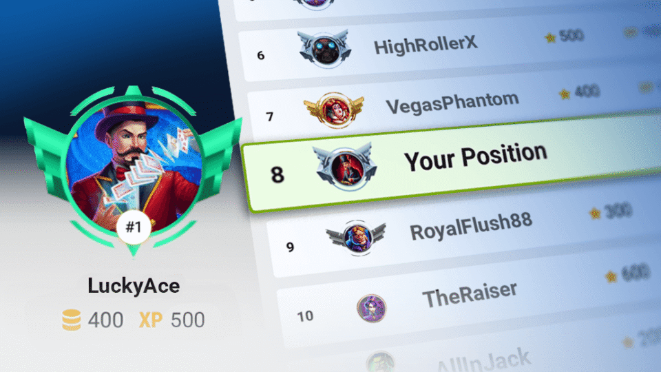 Leaderboard graphic showing ranked player profiles and rewards. A highlighted row marks “Your Position” at rank 8, while a large LuckyAce profile badge on the left displays first-place status, 400 coins, and 500 XP