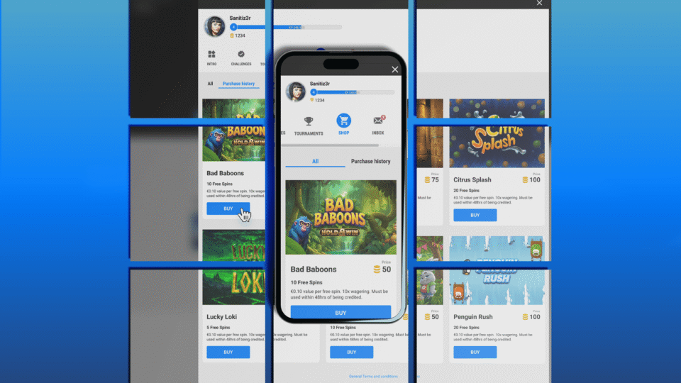 Responsive design showcase of the rewards platform displayed across desktop panels with a smartphone interface centered in front. The Shop screen features game reward cards including Bad Baboons, Lucky Loki, Citrus Splash, and Penguin Rush on a blue gradient background