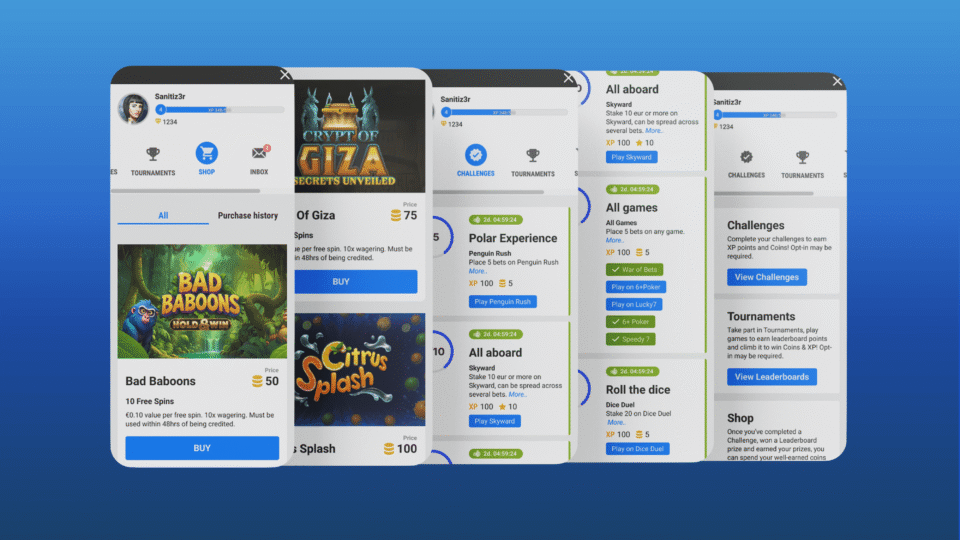 Promotional graphic showing several overlapping desktop views of a gamified rewards platform, including the Shop, Challenges, Tournaments, and player profile sections. Game reward cards such as Bad Baboons, Crypt of Giza, and Citrus Splash appear against a blue gradient background