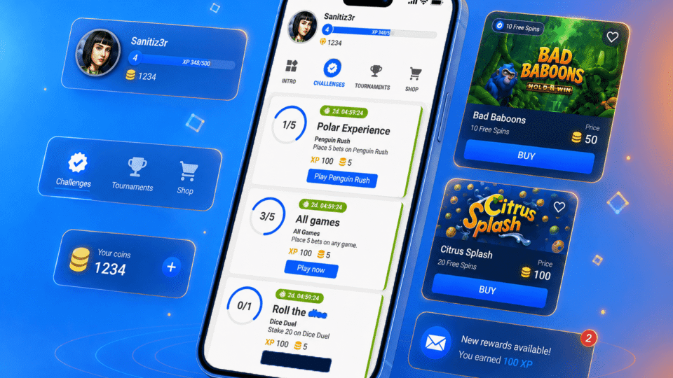 Polished promotional illustration of a smartphone displaying the platform’s Challenges screen, surrounded by floating player profile, navigation, coin balance, game reward, and notification cards. Bad Baboons and Citrus Splash rewards are highlighted against a bright blue glowing background