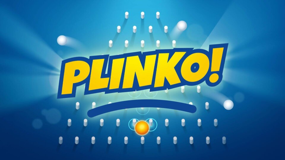 Plinko game logo above a peg board with a falling ball