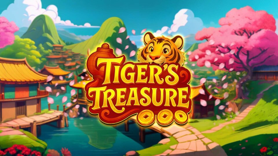 Tiger's Treasure game logo with a tiger over a cherry blossom landscape