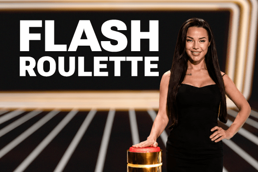 Flash Roulette game artwork featuring a female live casino presenter standing beside a roulette control in a black and gold studio.