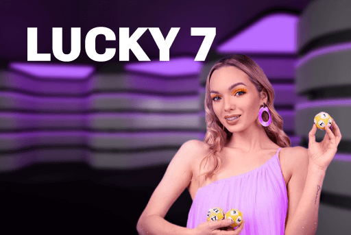 Lucky 7 game artwork featuring a female presenter holding numbered lottery balls in a purple studio.
