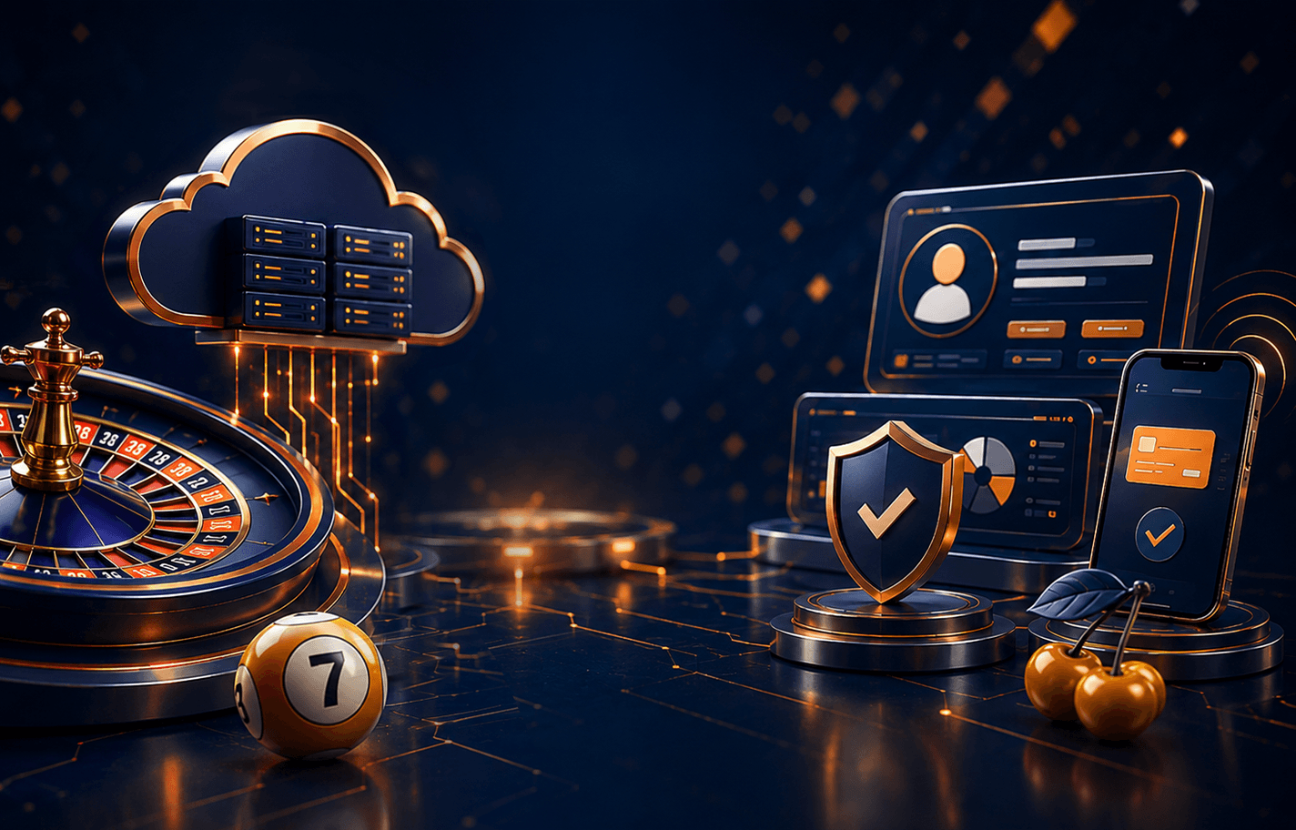 3D illustration of a roulette wheel and lottery ball beside cloud servers, operator dashboards and a security shield