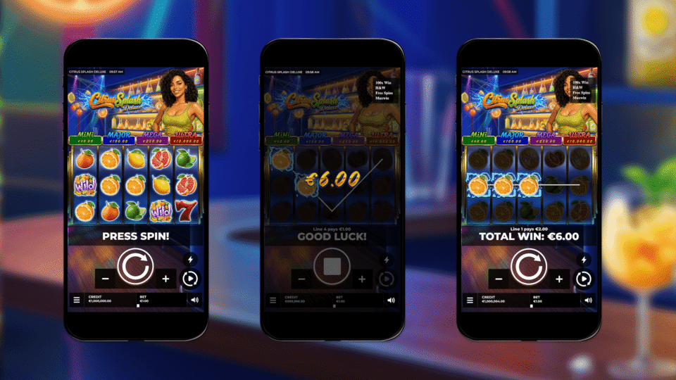 Citrus Splash Deluxe mobile slot gameplay shown across three smartphone screens with fruit symbols, winning combinations and jackpot prizes