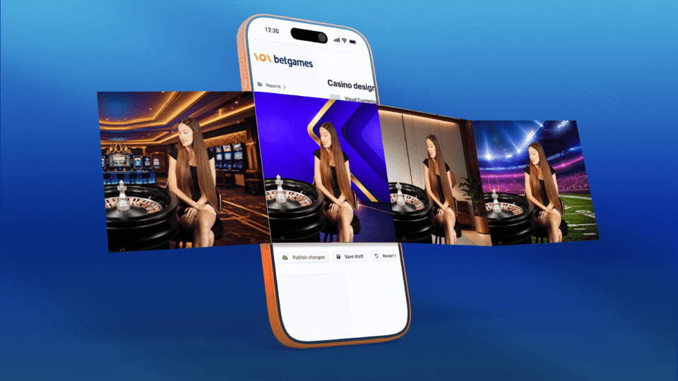 BetGames Casino Designer showing live roulette visual customisation across multiple branded casino environments