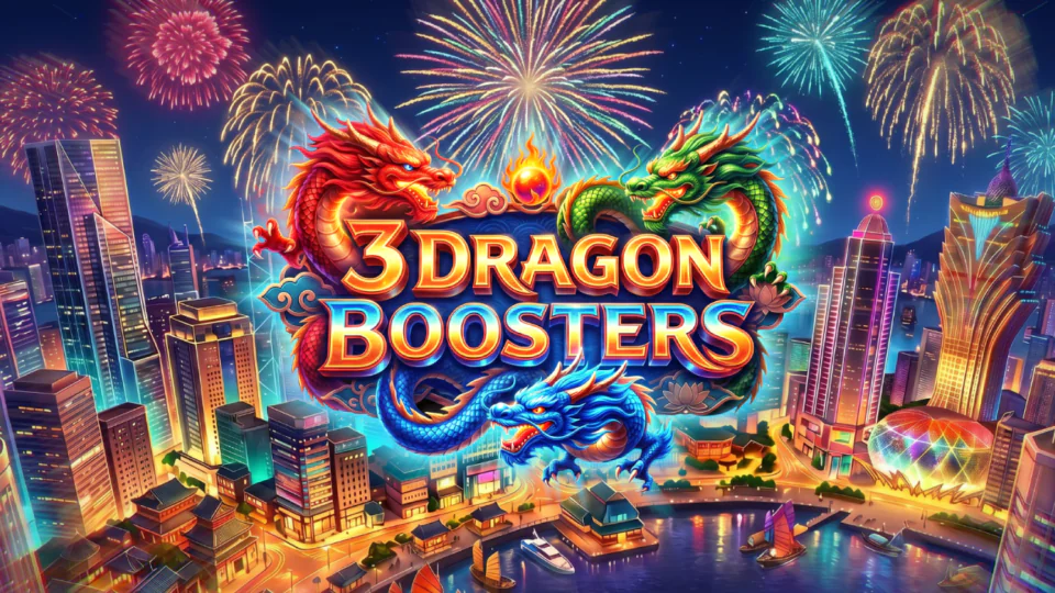 Colourful 3 Dragon Boosters game artwork featuring red, green and blue dragons surrounding the game logo above a vibrant modern city skyline, with fireworks lighting up the night sky