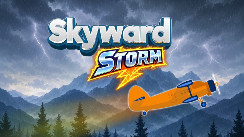 Skyward Storm crash game by BetGames featuring an orange plane flying through a dramatic thunderstorm with rain and lightning.