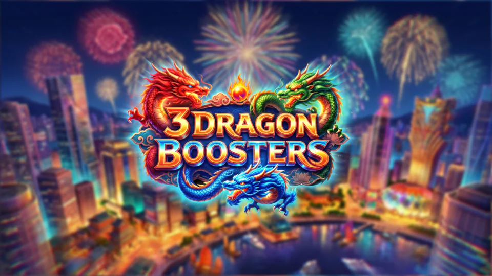 3 Dragon Boosters slot game artwork featuring red, green and blue dragons over a colourful city skyline with fireworks