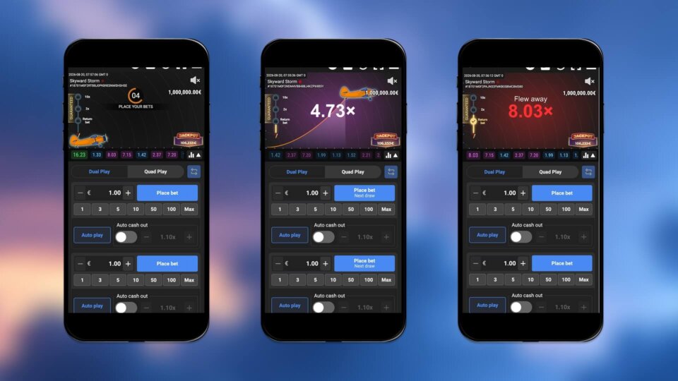 Skyward Storm mobile crash game interface shown across three smartphones with plane multipliers, Quad Play betting and auto cash-out controls.