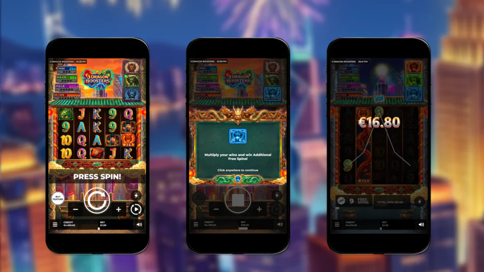 3 Dragon Boosters online casino slot displayed on mobile, showing the main game, Multiplier Booster feature and Free Spins gameplay
