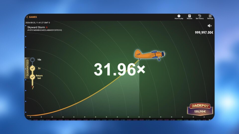Skyward Storm gameplay showing an orange plane reaching a 31.96x multiplier with guaranteed rewards and jackpot features.