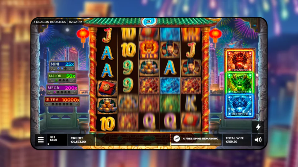 3 Dragon Boosters slot gameplay during Free Spins, featuring spinning reels and Expanding, Jackpot and Multiplier dragon boosters