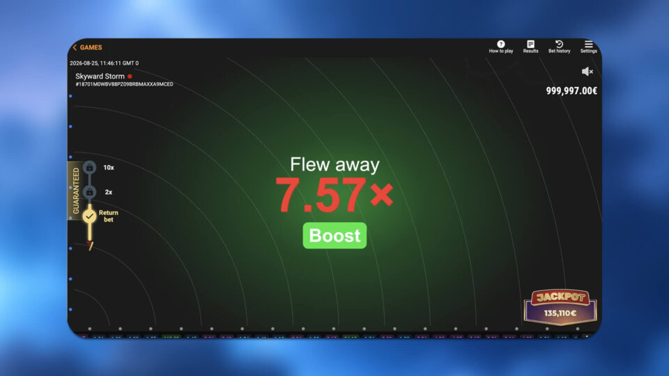 Skyward Storm crash game result showing a 7.57x multiplier with the Boost feature, guaranteed return and jackpot display.