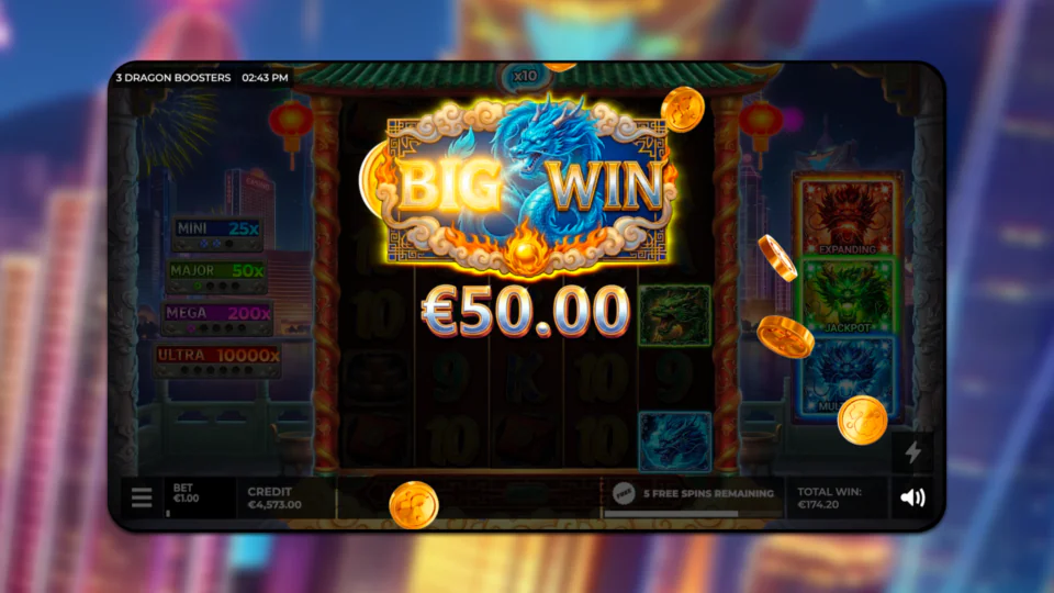 3 Dragon Boosters online slot showing a €50 Big Win with the blue dragon, jackpot levels and falling gold coins