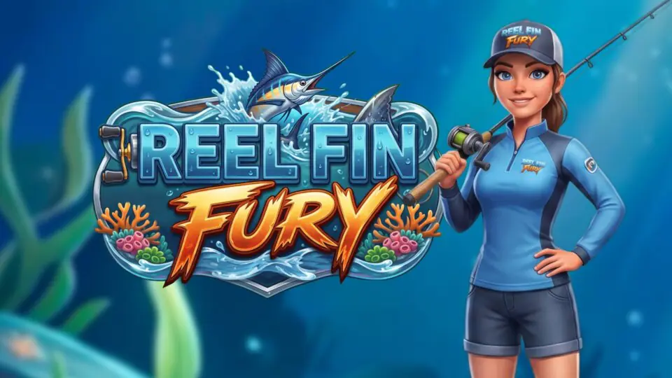Reel Fin Fury slot game logo with a jumping marlin, next to the game’s fisherwoman character holding a fishing rod underwater